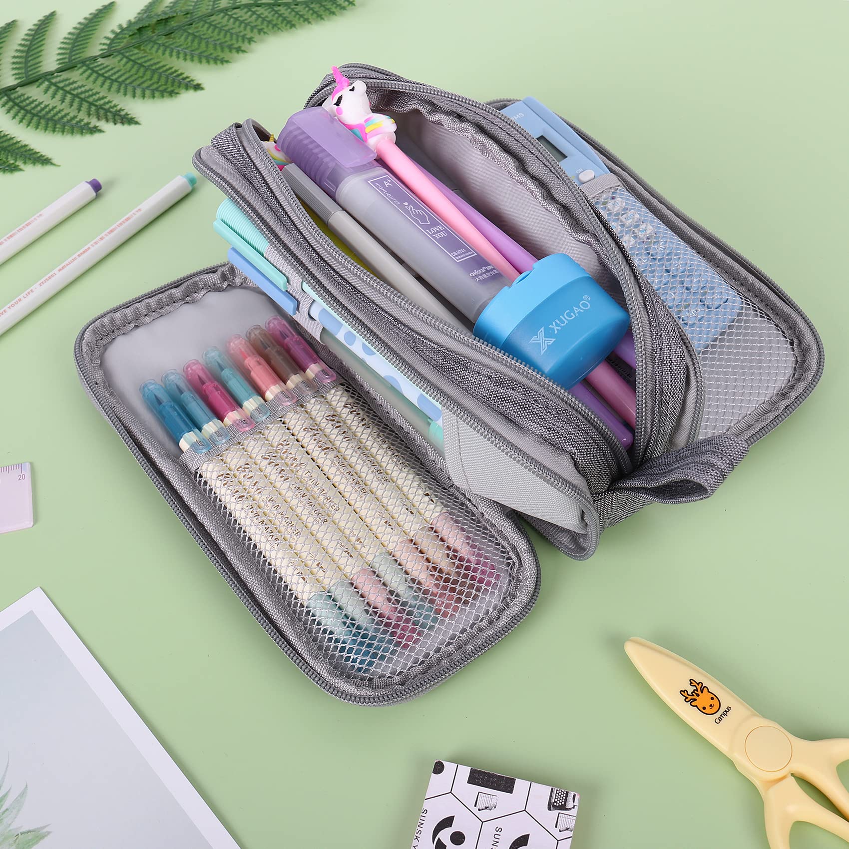 PopMeme Capacity Pencil Case Pen Pocket Zipper Canvas Storage Bag Student's Pencil Case Stationery Storage Bag（Grey）