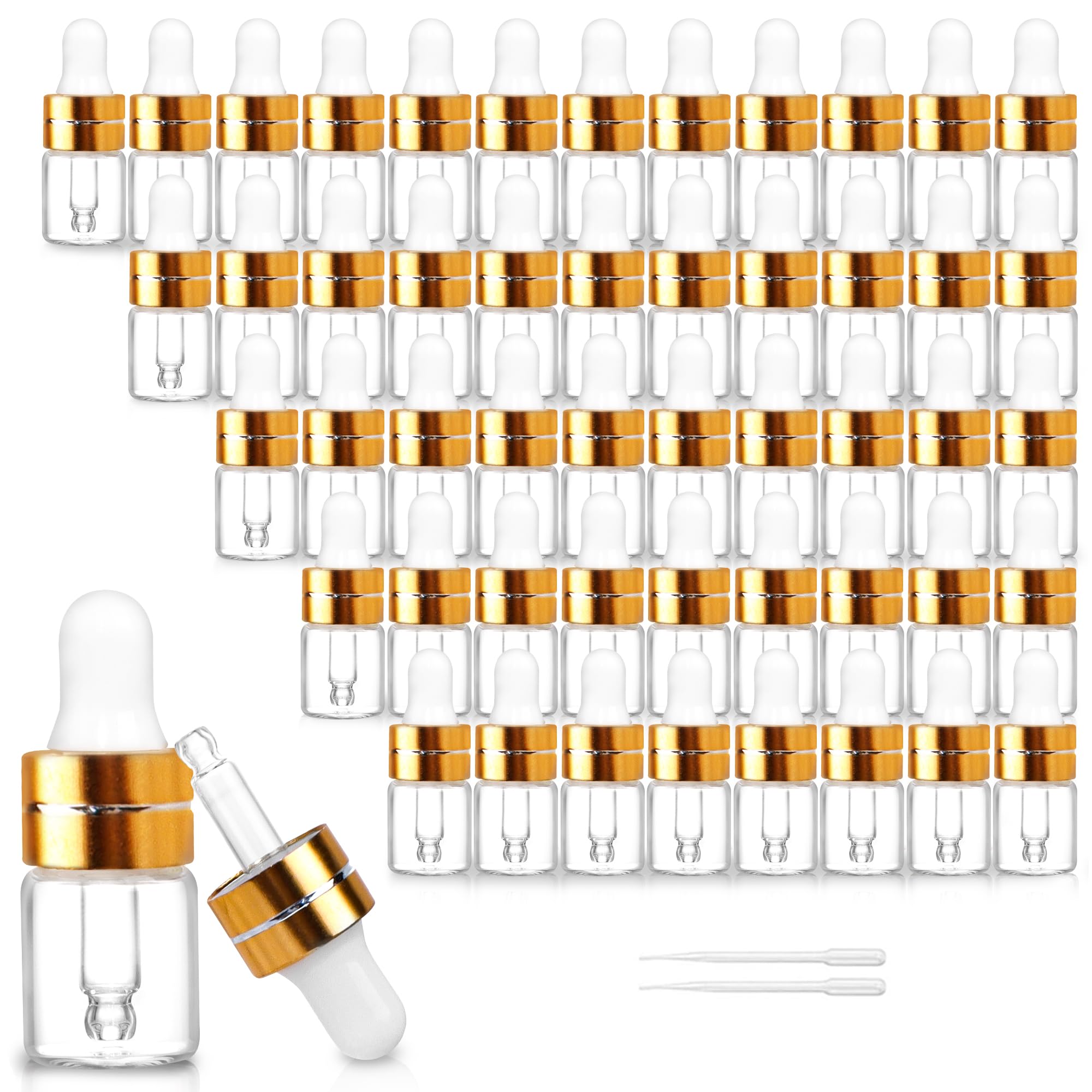 Comrzor 50 Pack 2ml Clear Glass Dropper Bottles with 2 Pcs Plastic Droppers, Mini Sample Dropper Bottles for Essential Oils Perfume Cosmetic Liquid, Empty Travel Sample Vials with Gold Cap