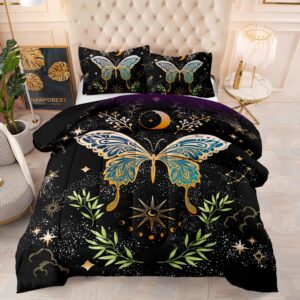 CVHOUSE Sun and Moon Comforter Set Queen Size, Butterfly Hippie Bohemian Bedding Set for Kids Adult Women Teen,3 Pieces,1 Quilt and 2 Pillowcases,Soft,Breathable