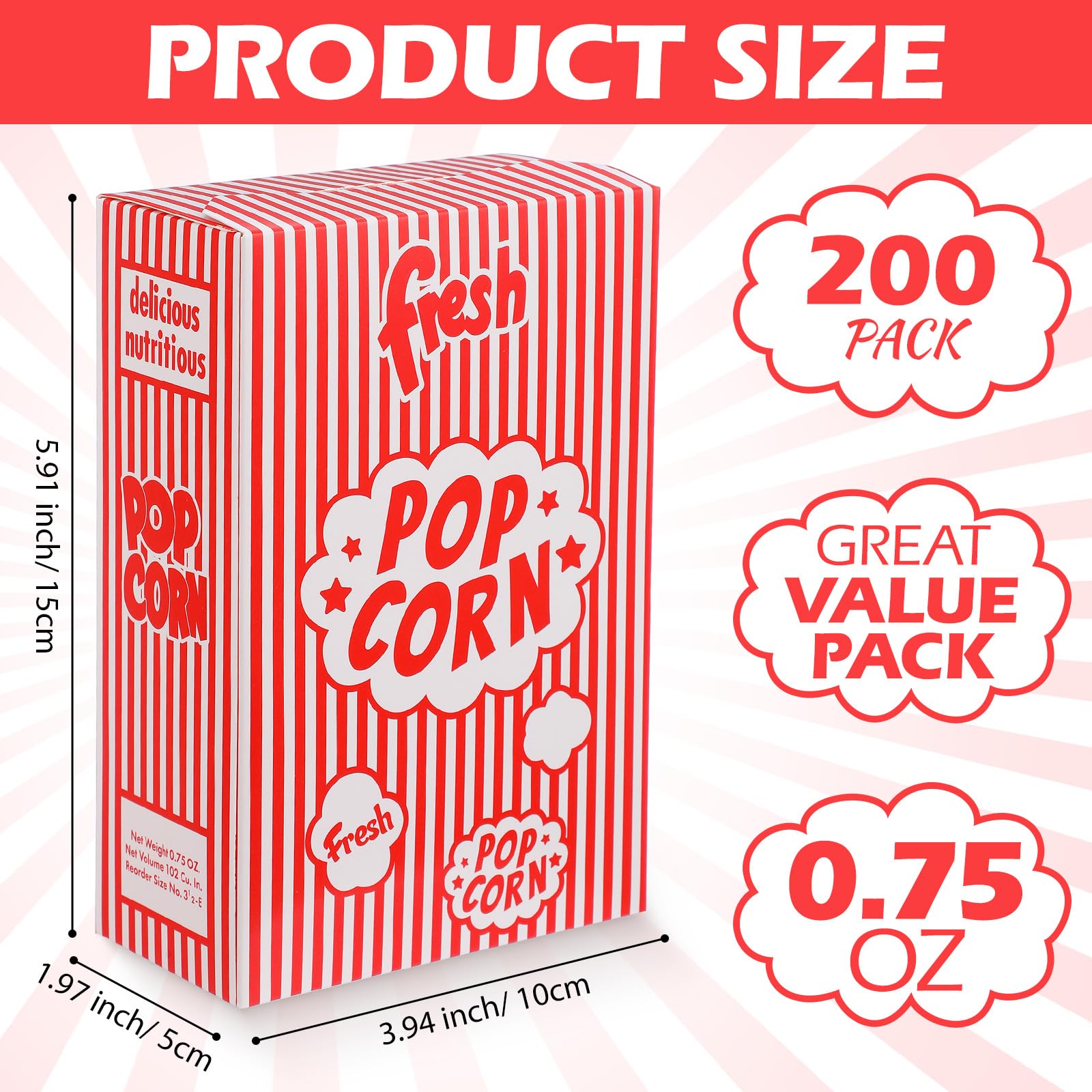 Ireer 200 Pcs 0.75 oz Popcorn Boxes, Close Top Popcorn Containers for Movie Party, Bulk Red and White Striped Paper Popcorn Boxes for Popcorn Machine Theater Night Party Carnival Circus Party Supply