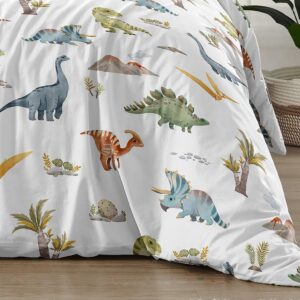 Sweet Jojo Designs Watercolor Dinosaur Dino Boy Queen Comforter Set Full Size Bedding Kids Teen Adult Bed Room 3p Green Slate Blue White Modern Dinosaurs Jurassic Nature Animal Steel Turquoise Yellow