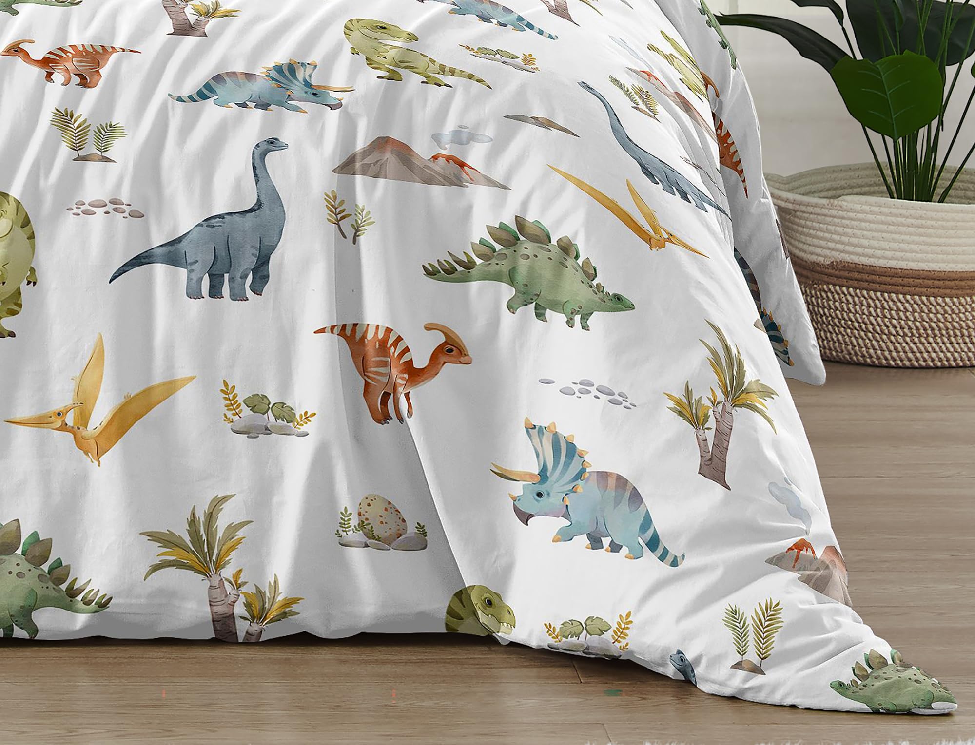 Sweet Jojo Designs Watercolor Dinosaur Dino Boy Queen Comforter Set Full Size Bedding Kids Teen Adult Bed Room 3p Green Slate Blue White Modern Dinosaurs Jurassic Nature Animal Steel Turquoise Yellow