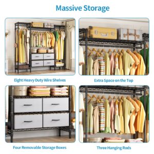 Large Garment Rack Heavy Duty Clothes Rack,Freestanding Closet Portable Clothing Rack with 8 Adjustable Wire Shelves,3 Hang Rods,4 Fabric Drawers,2 Hooks,Metal Closet Storage Wardrobe,MaxLoad 900lbs