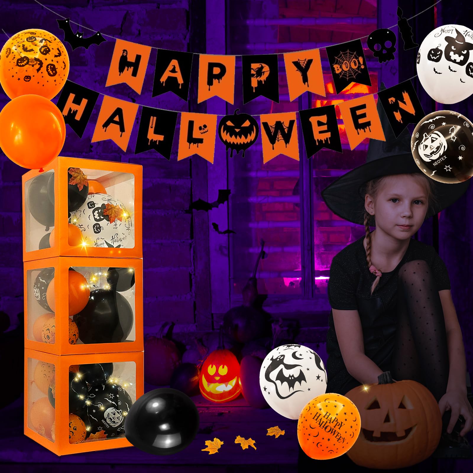 128 Pcs ​Halloween Party Decorations, Halloween Party Supplies - Halloween Balloon boxes, String Light, "HAPPY HALLOWEEN" Banner, "BOO" Banner, Multi Balloons, Bat Decor, Spider Wed