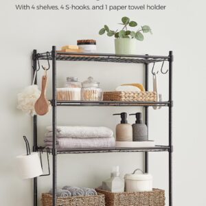 SONGMICS 4 Tier Over The Toilet Storage, Metal Storage Rack, Adjustable Shelves, 4 Hooks, Roll Holder, Space-Saving Bathroom Storage Shelf Organizer, 11.8 x 24.8 x 69.3 Inches, Black UBTS013B01