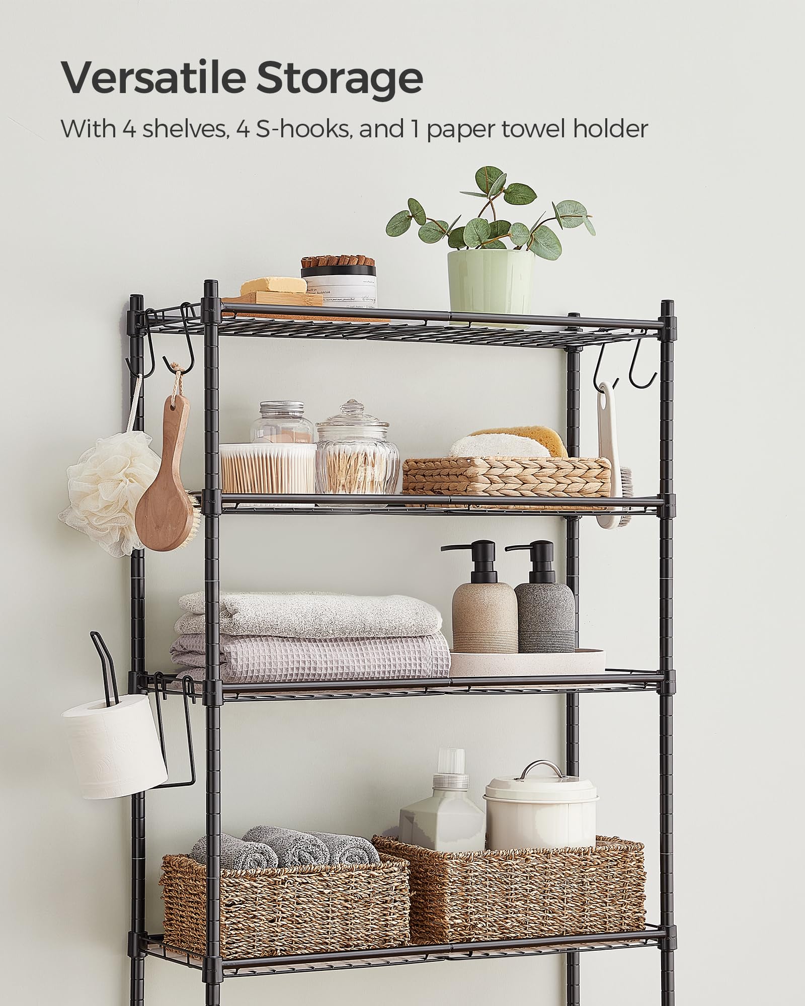 SONGMICS 4 Tier Over The Toilet Storage, Metal Storage Rack, Adjustable Shelves, 4 Hooks, Roll Holder, Space-Saving Bathroom Storage Shelf Organizer, 11.8 x 24.8 x 69.3 Inches, Black UBTS013B01