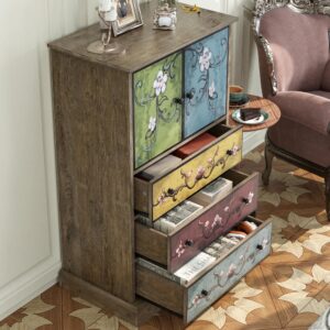 FINETONES Wood Dresser Chest of Drawers, Tall Dresser Boho Dresser with Drawers and Doors, 16.1D x 23.6W 42.3H Inch Wood Dresser Accent Dresser for Home Office