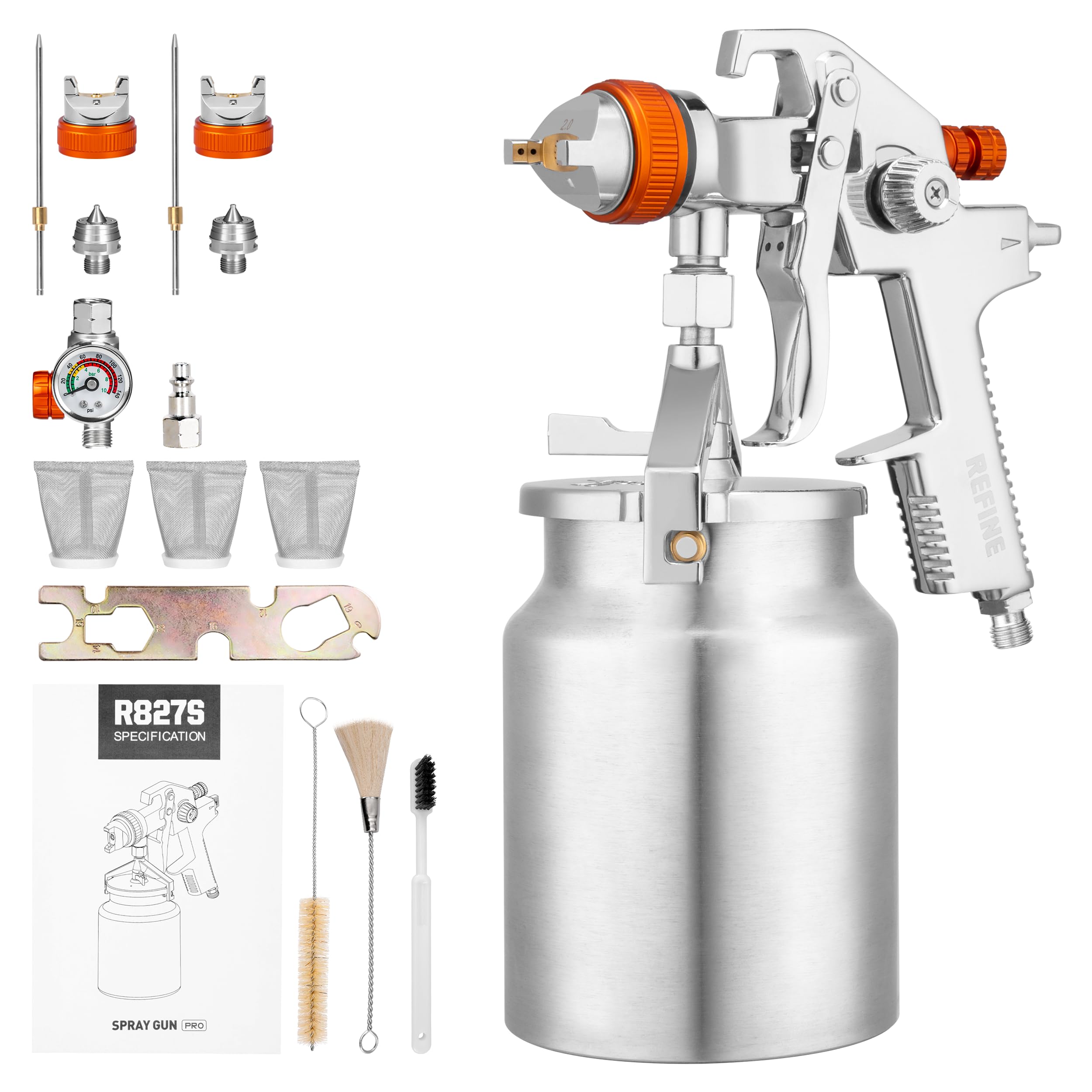 REFINE HVLP Spray Gun, Siphon Air Paint Sprayer Gun with 1.7mm 2mm Nozzle Sets, 1000CC Automotive Paint Gun with Air Regulator, Professional for Car, Furniture, House Painting