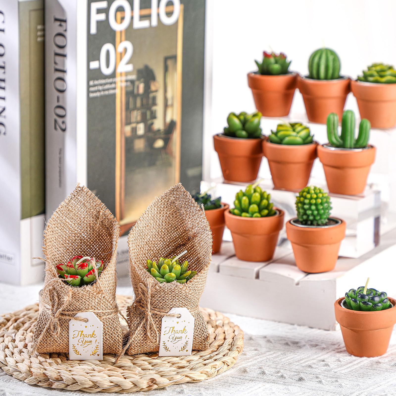 MTLEE 12 Sets Succulent Cactus Tealight Candles with Mini Terracotta Pots Natural Burlap Bags Thank You Tag and Ropes, Baby Shower Plant Candles, Handmade Plant Candles Gift for Birthday and Wedding