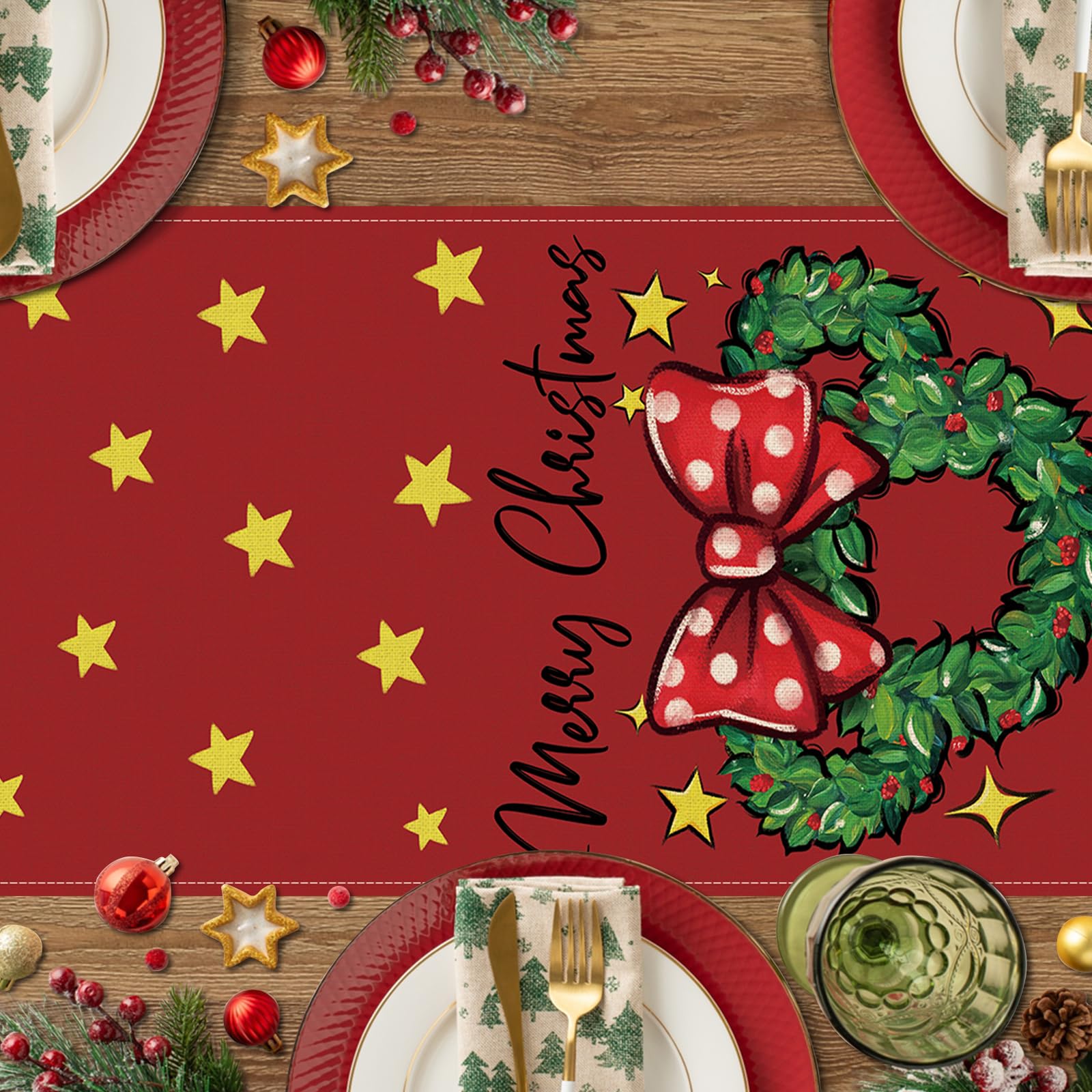 Seliem Merry Christmas Wreath Table Runner, Xmas Red Polka Dot Bow Stars Kitchen Dining Table Decor, Winter Holiday Farmhouse Home Decoration Indoor Outdoor Party Supply 13 x 72 Inches