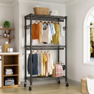 Heavy Duty Clothes Rack Rolling Garment Rack,3 Tier Adjustable Wire Shelving Clothing Racks for Hanging Clothes with Double Rods&Side Hooks,Freestanding Wardrobe Storage Rack Metal Portable Closet