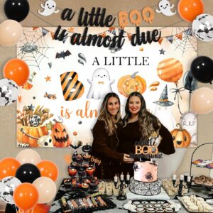 JOYMEMO Orange and Black Halloween Baby Shower Decorations, A Little Boo is Almost Due Backdrop, Banner, Cake Topper with Cupcake Toppers for Women Boy Girl He or She Gender Reveal Party Supplies