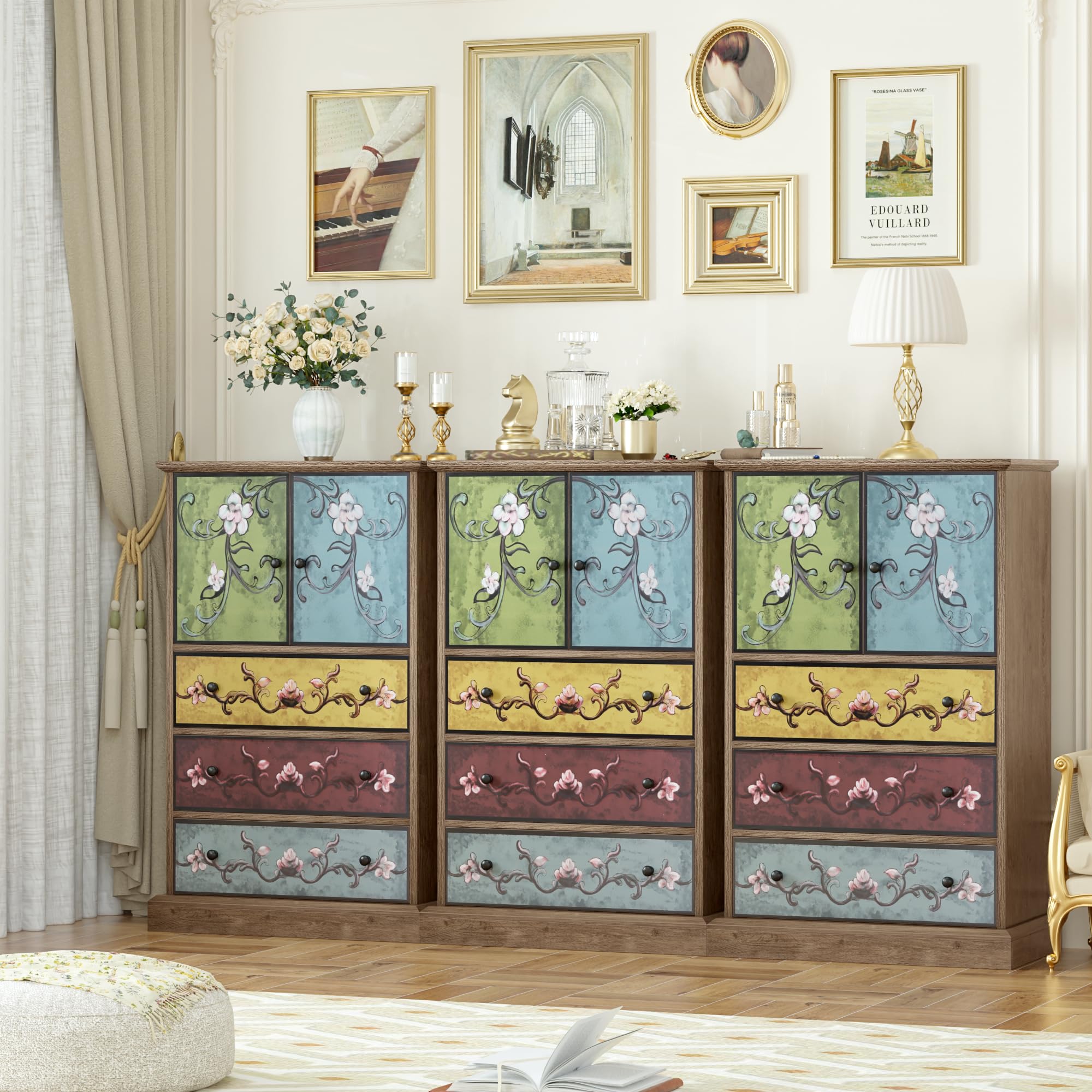 FINETONES Wood Dresser Chest of Drawers, Tall Dresser Boho Dresser with Drawers and Doors, 16.1D x 23.6W 42.3H Inch Wood Dresser Accent Dresser for Home Office