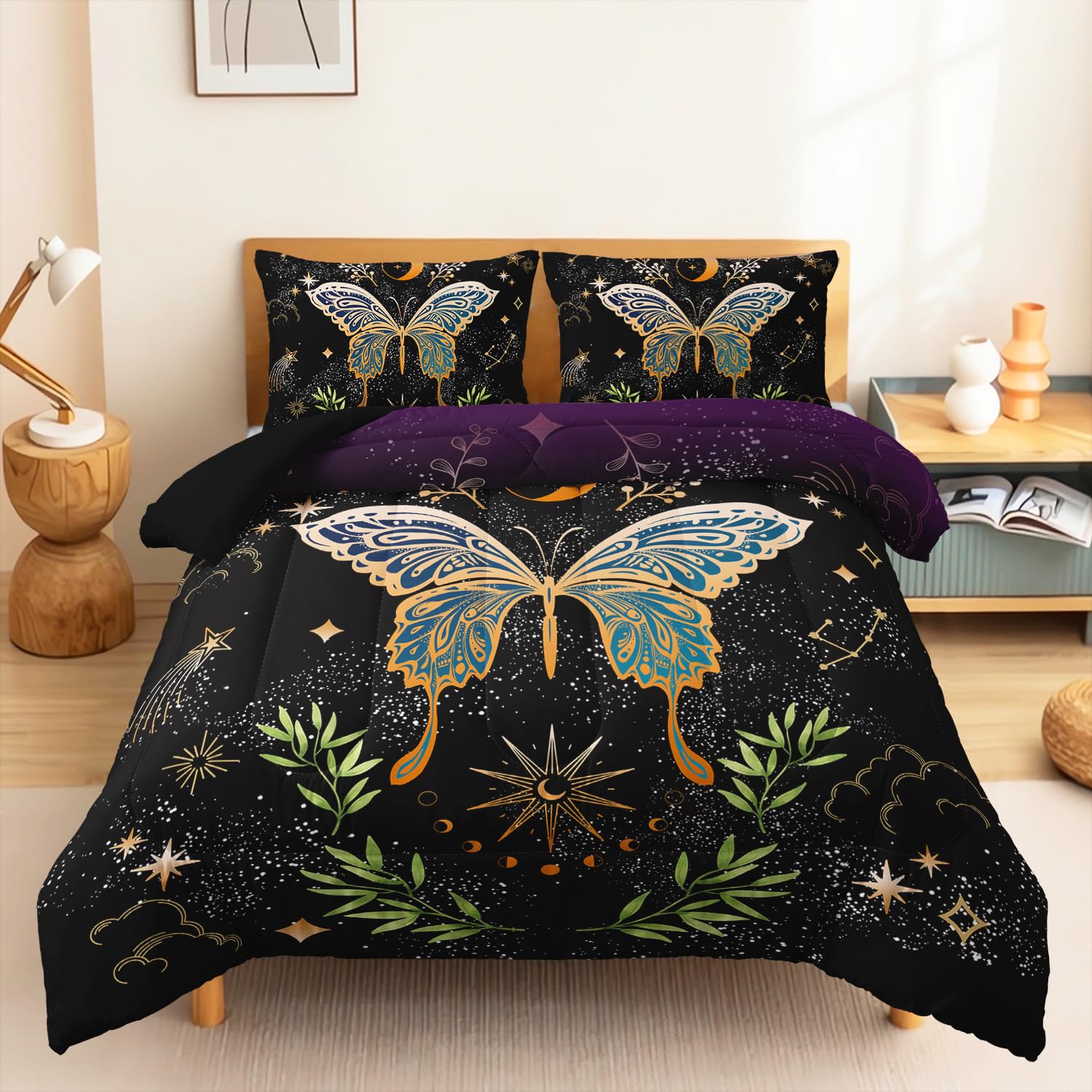 CVHOUSE Sun and Moon Comforter Set Queen Size, Butterfly Hippie Bohemian Bedding Set for Kids Adult Women Teen,3 Pieces,1 Quilt and 2 Pillowcases,Soft,Breathable