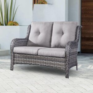 patio loveseat wicker outdoor couch - 2-seater rattan patio sofa with deep seating and comfortable cushions for outside porch deck poolside balcony(mixed grey wicker/grey cushion)