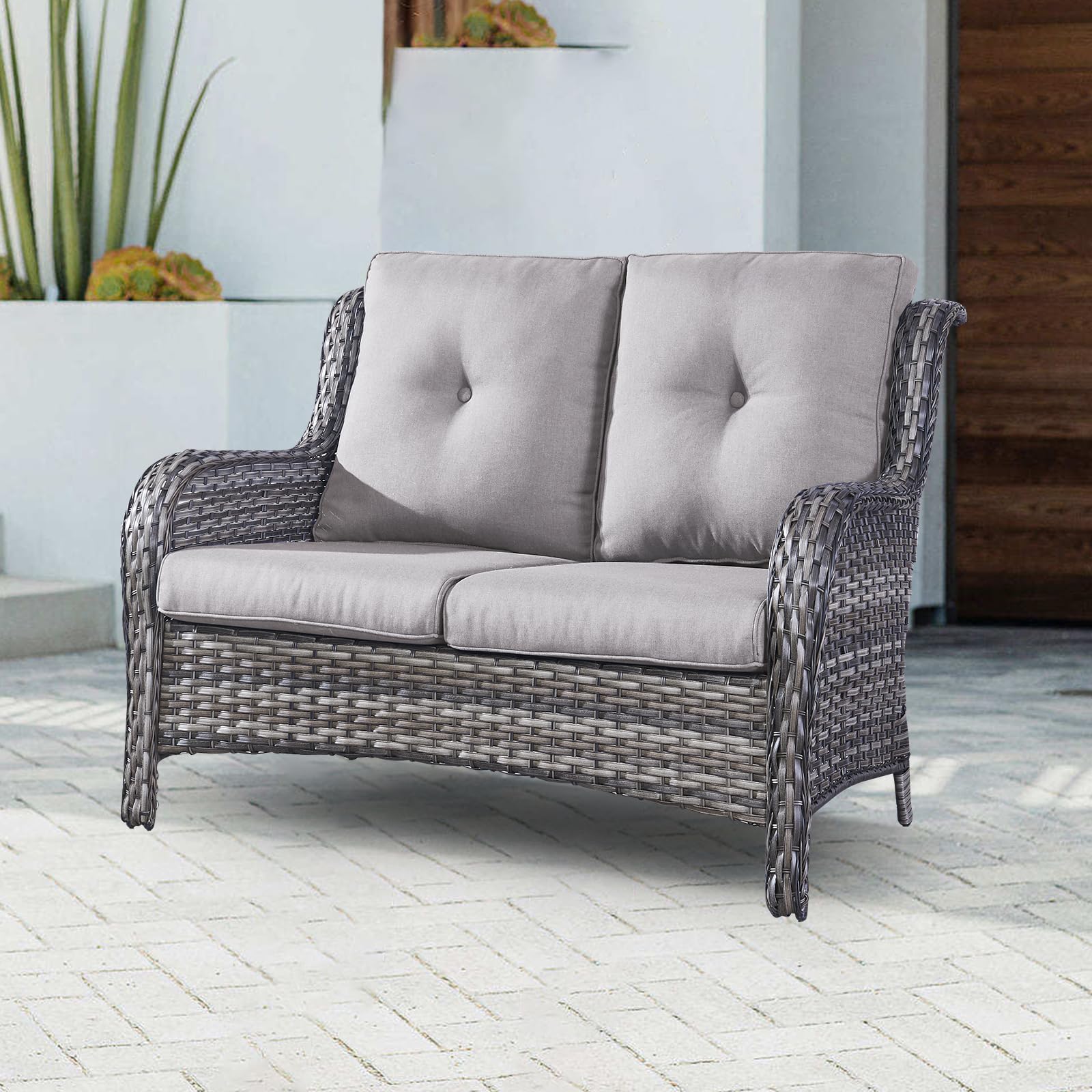 Patio Loveseat Wicker Outdoor Couch - 2-Seater Rattan Patio Sofa with Deep Seating and Comfortable Cushions for Outside Porch Deck Poolside Balcony(Mixed Grey Wicker/Grey Cushion)