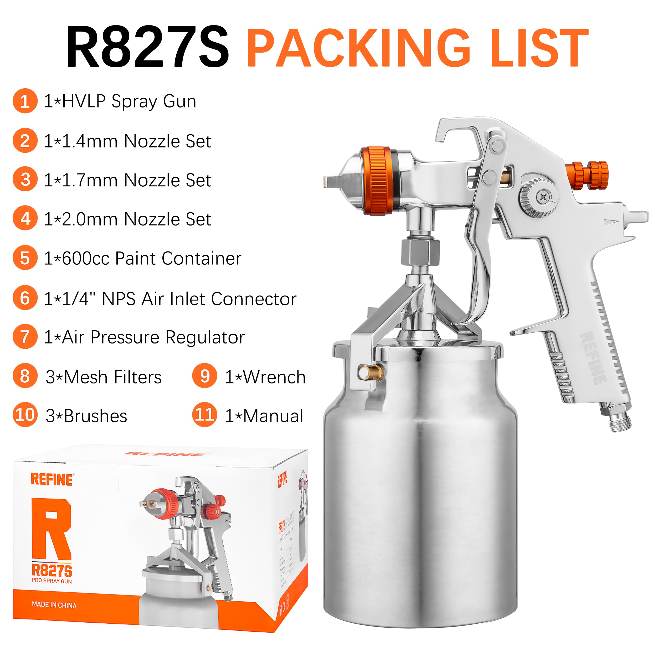 REFINE HVLP Spray Gun, Siphon Air Paint Sprayer Gun with 1.7mm 2mm Nozzle Sets, 1000CC Automotive Paint Gun with Air Regulator, Professional for Car, Furniture, House Painting