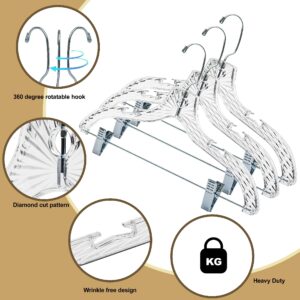 Clear Plastic Hangers for Pants 24 Pack - Skirt Hangers with Crystal Cut Design - All in One Curved Shoulder Clothes Hangers with Clips - Perfect Clothing Hangers for Everyday Use (24, 17" inch)