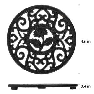 Coloch 2 Pack Cast Iron Trivet with Pegs, 4.6 Inch Round Metal Trivet with Vintage Patterns Rustproof Hot Pot Holder Pads for Serving Hot Dishes, Pans, Pots, Tea Pots, for Kitchen Counter Top, Black