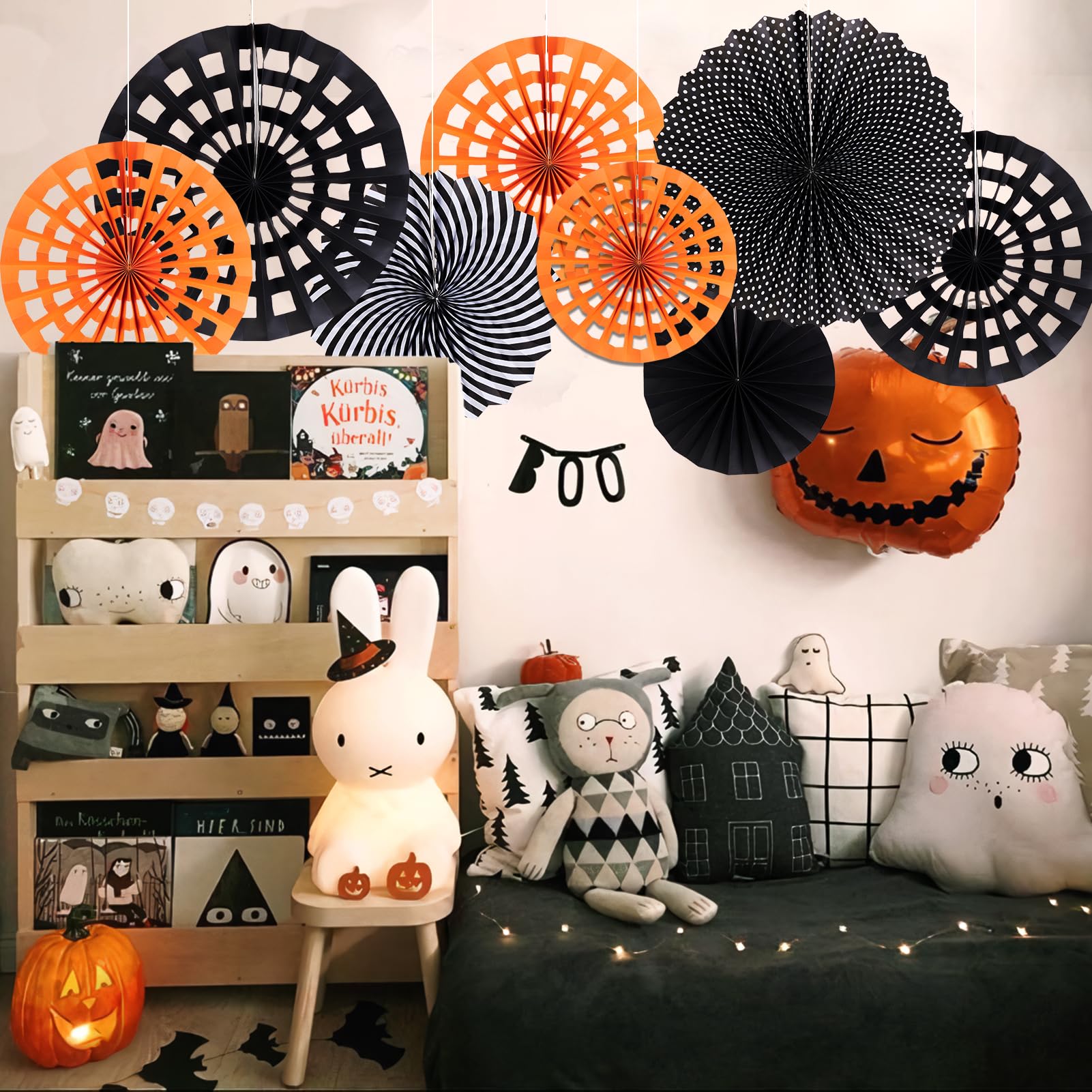 Black and Orange Party Decorations Hanging Paper Fans Party Decorations for Basketball Birthday Graduation Gothic Halloween Tissue Paper Fans Paper Party Decorations