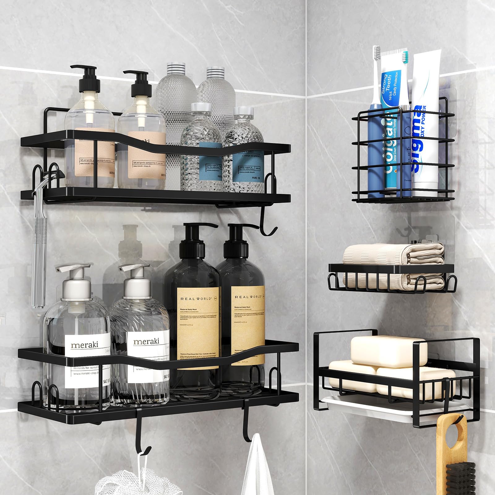 Monjuae Shower Organizer 5 Pack, Bathroom Shower Shelves, Waterproof, Rustproof Shower Shelf for Inside Shower, No Drilling, Strong Adhesive Shower Caddy, Shower Storage for Bathroom, Kitchen, Black