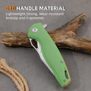 HANSHI Premium D2 Steel Blade G10 Handle Sharp Folding Pocket Knife with Clip for Men,Razor Tactical Knife Self Defense for Survival Hunting Camping Hiking Outdoor Gift,Foldable EDC Knife with Liner Lock for Women (green)