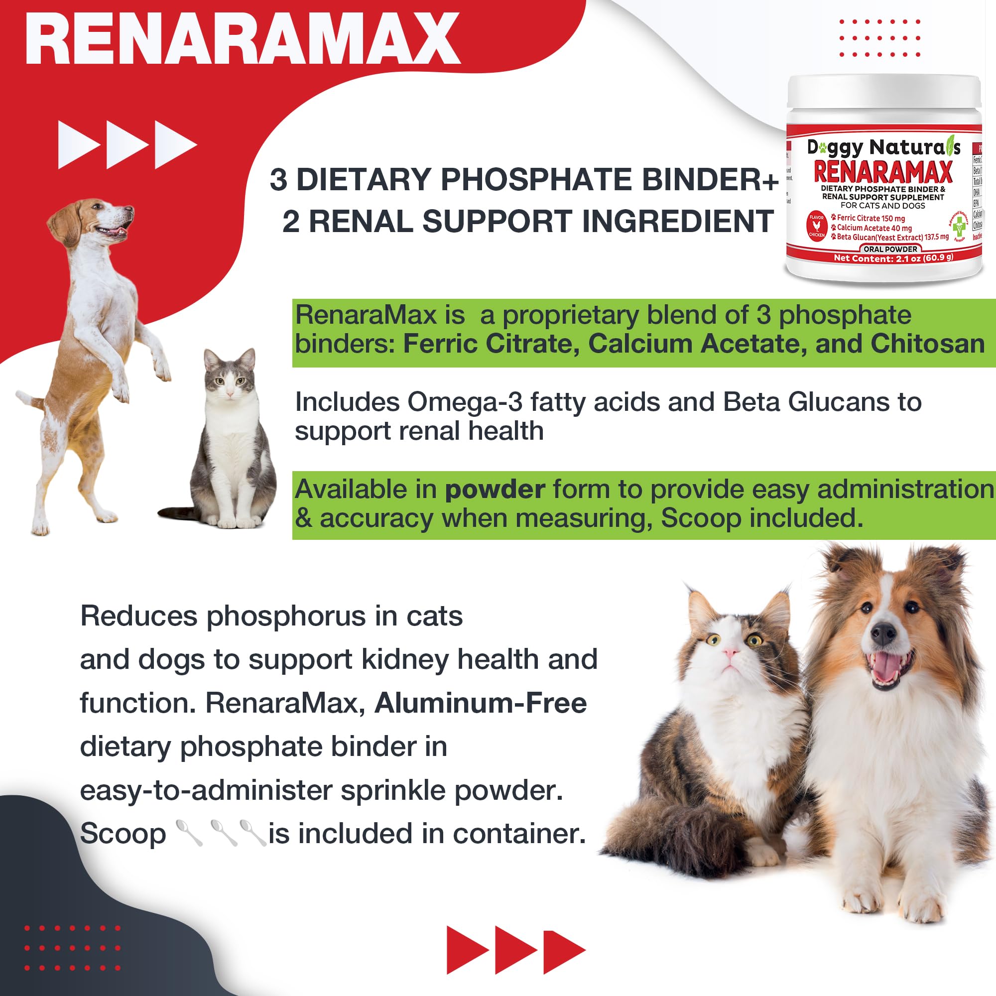 RENARAMAX Dietary Phosphate Binder for Cats & Dogs and Renal Support Supplement Powder for Pets, 120 dose (60.9 g) - (Made in U.S.A)