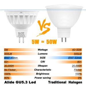 ALIDE MR16 Led Flood Bulbs 5W, Replace 50W Halogen,Wide Angle 120 Degree Beam,GU5.3 Bi-Pin 2700K Warm White,12V MR16 LED Bulb for Overhead Tracking Flood Recessed Accent Landscape Lighting,6 Pack