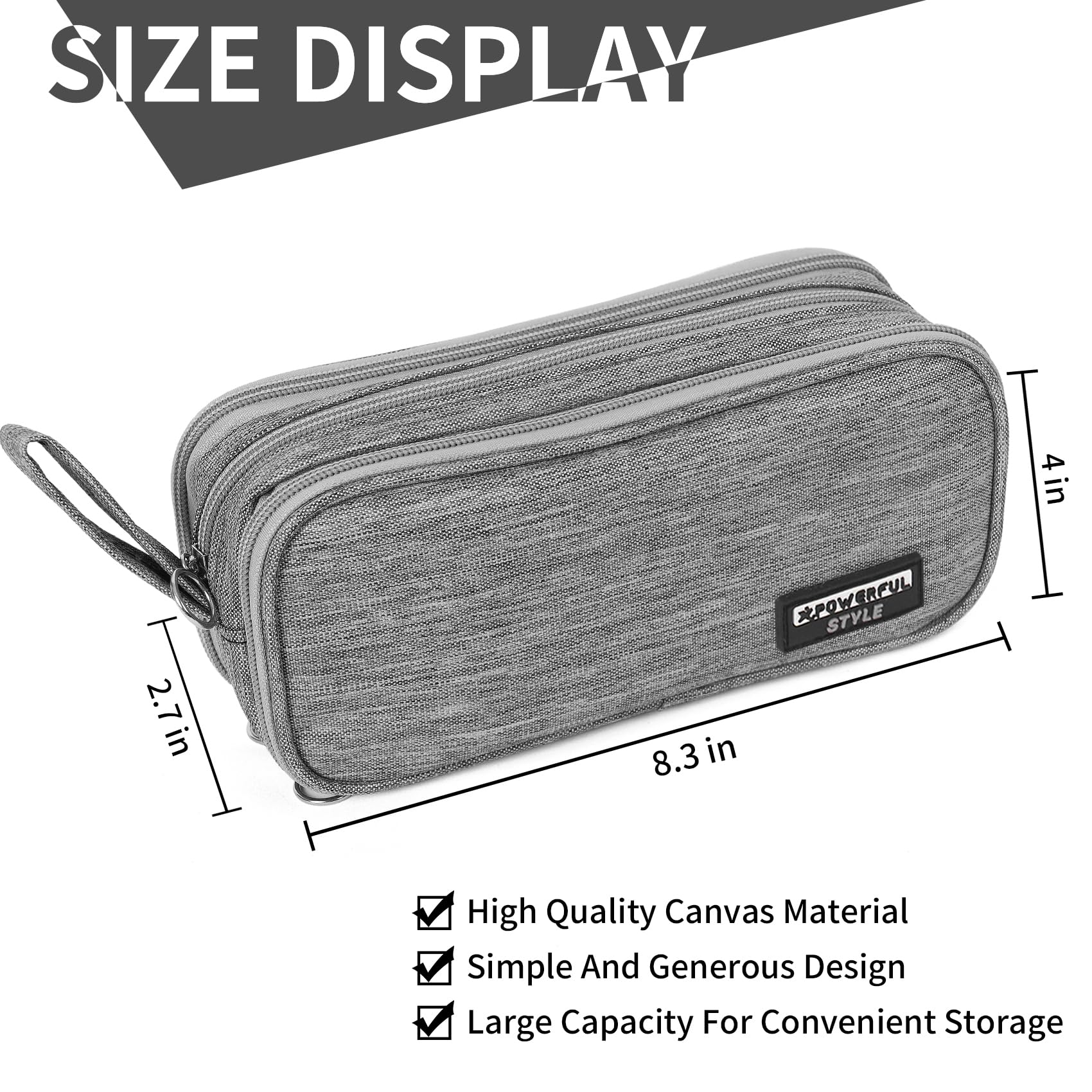 PopMeme Capacity Pencil Case Pen Pocket Zipper Canvas Storage Bag Student's Pencil Case Stationery Storage Bag（Grey）