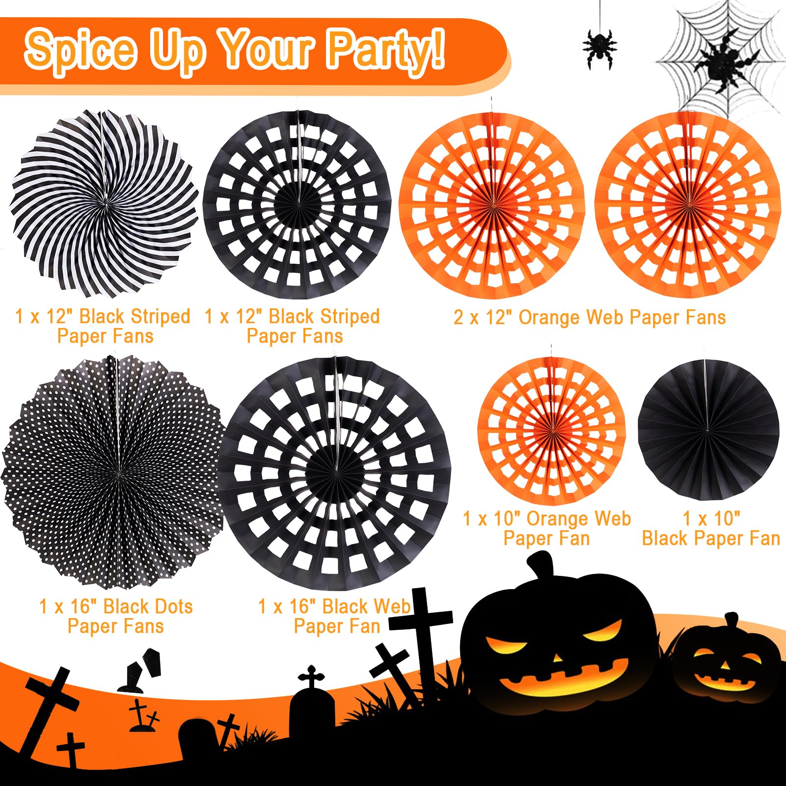 Black and Orange Party Decorations Hanging Paper Fans Party Decorations for Basketball Birthday Graduation Gothic Halloween Tissue Paper Fans Paper Party Decorations