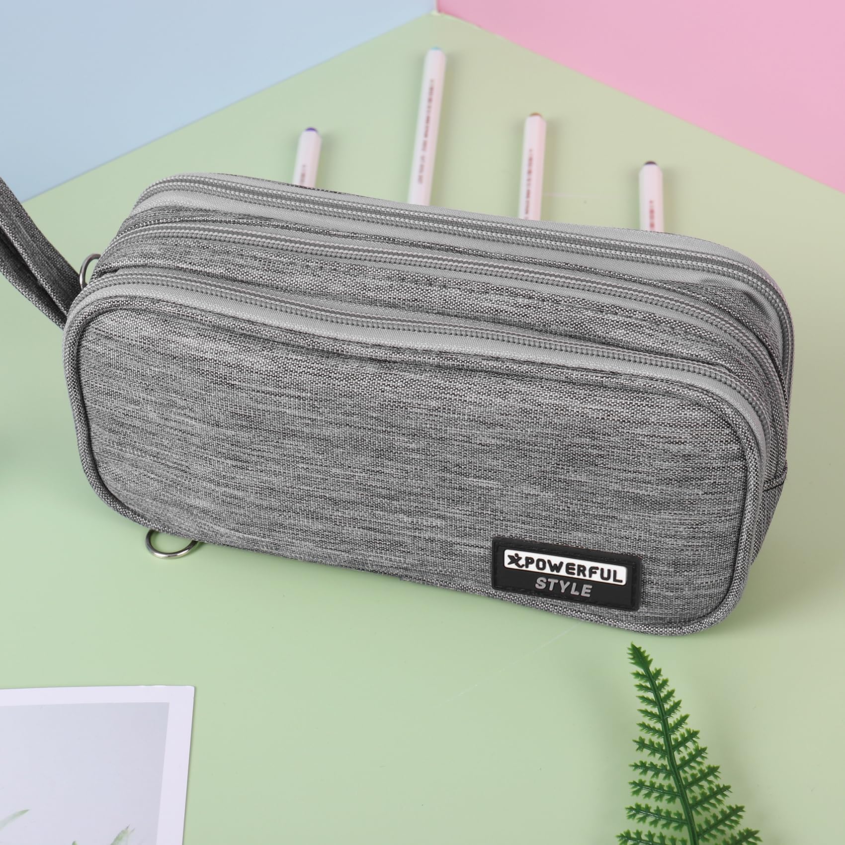 PopMeme Capacity Pencil Case Pen Pocket Zipper Canvas Storage Bag Student's Pencil Case Stationery Storage Bag（Grey）