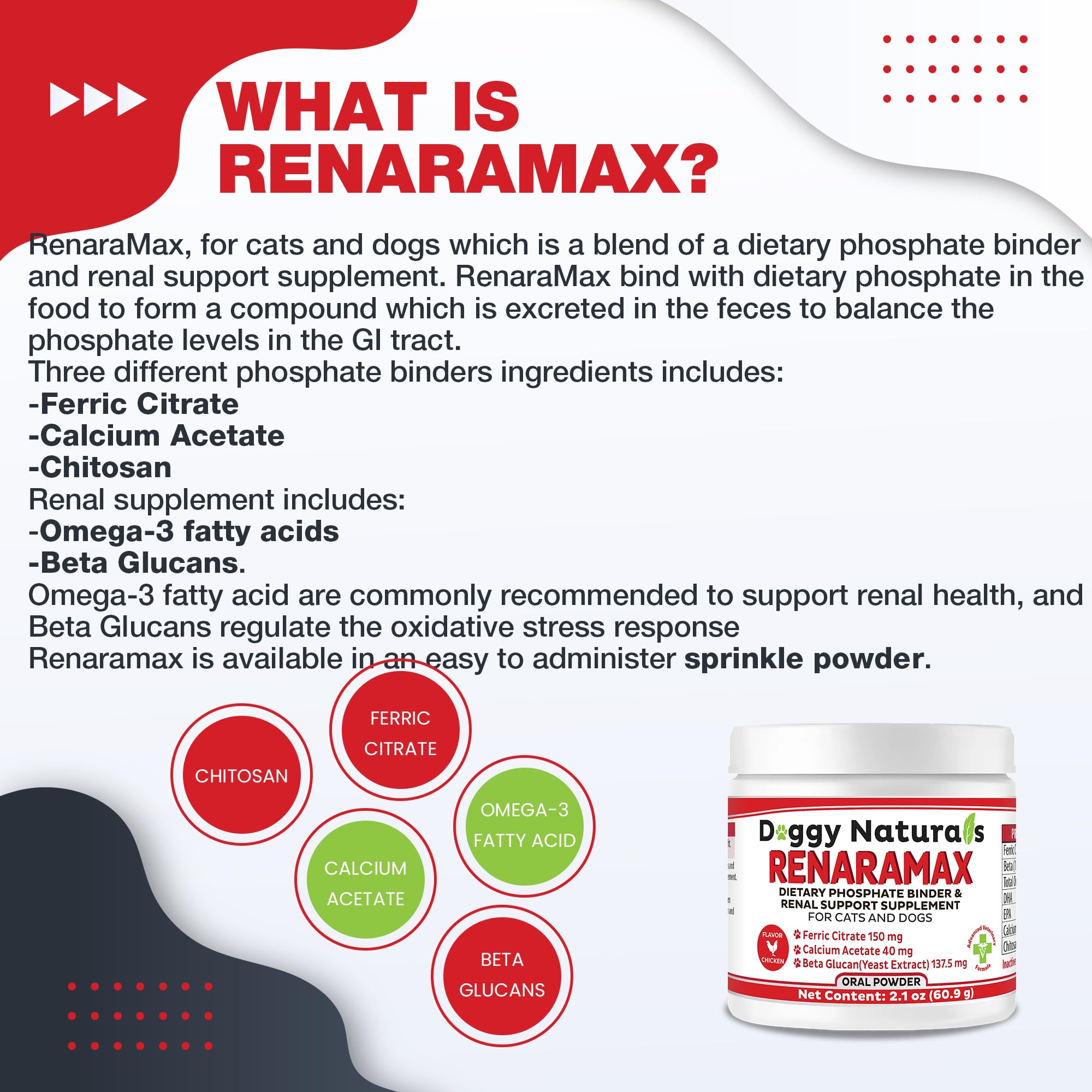 RENARAMAX Dietary Phosphate Binder for Cats & Dogs and Renal Support Supplement Powder for Pets, 120 dose (60.9 g) - (Made in U.S.A)