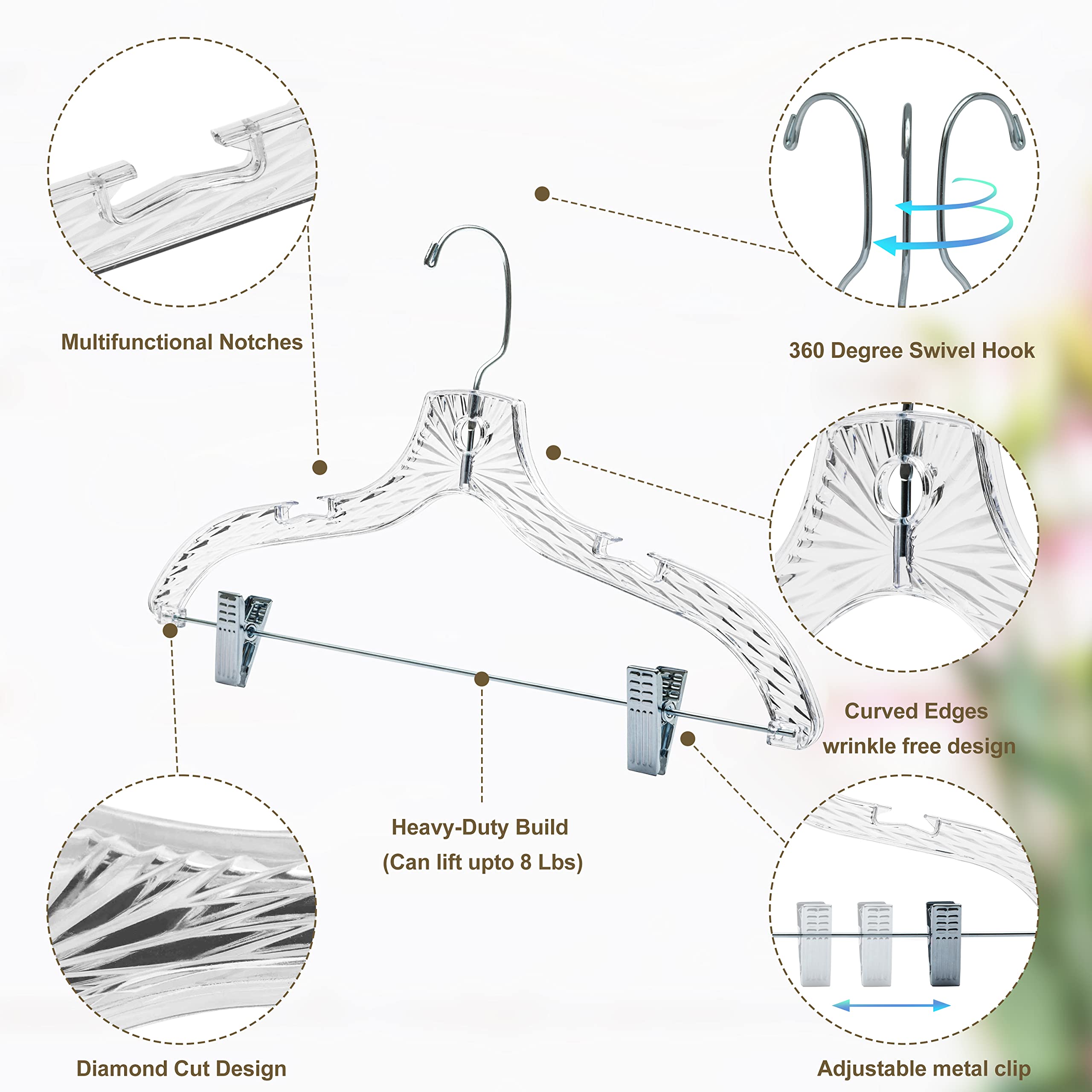 Clear Plastic Hangers for Pants 24 Pack - Skirt Hangers with Crystal Cut Design - All in One Curved Shoulder Clothes Hangers with Clips - Perfect Clothing Hangers for Everyday Use (24, 17" inch)