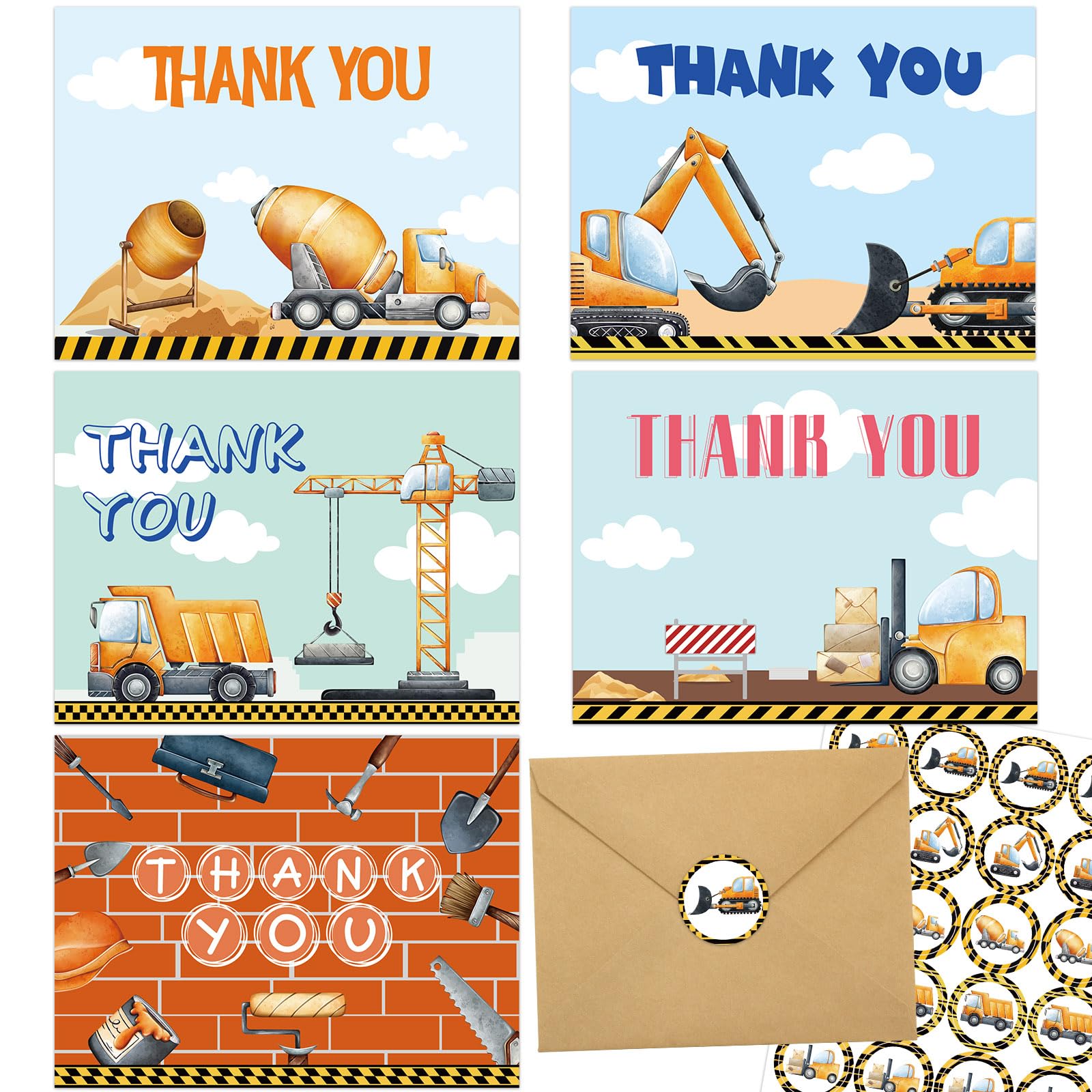 Construction Thank You Cards 24 Pack Kids Thank You Notes Greeting Cards with Envelopes Birthday Teacher Gift