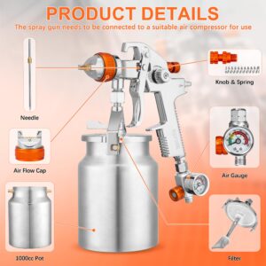 REFINE HVLP Spray Gun, Siphon Air Paint Sprayer Gun with 1.7mm 2mm Nozzle Sets, 1000CC Automotive Paint Gun with Air Regulator, Professional for Car, Furniture, House Painting