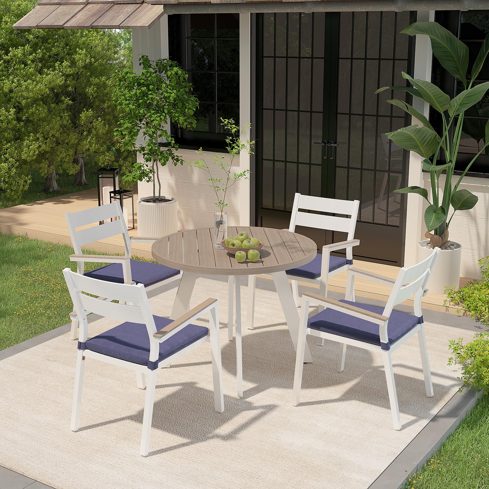 OC Orange-Casual 5 Piece Aluminum Patio Dining Set, Outdoor Furniture Set with 4 Stackable Cushioned Chairs and Round Weather Resistant Table w/Umbrella Hole for Deck, Backyard, Poolside(Dark Blue)