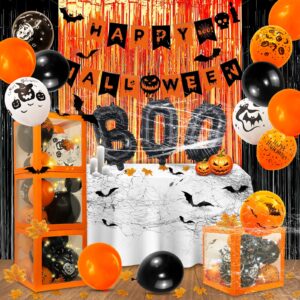 128 pcs ​halloween party decorations, halloween party supplies - halloween balloon boxes, string light, "happy halloween" banner, "boo" banner, multi balloons, bat decor, spider wed