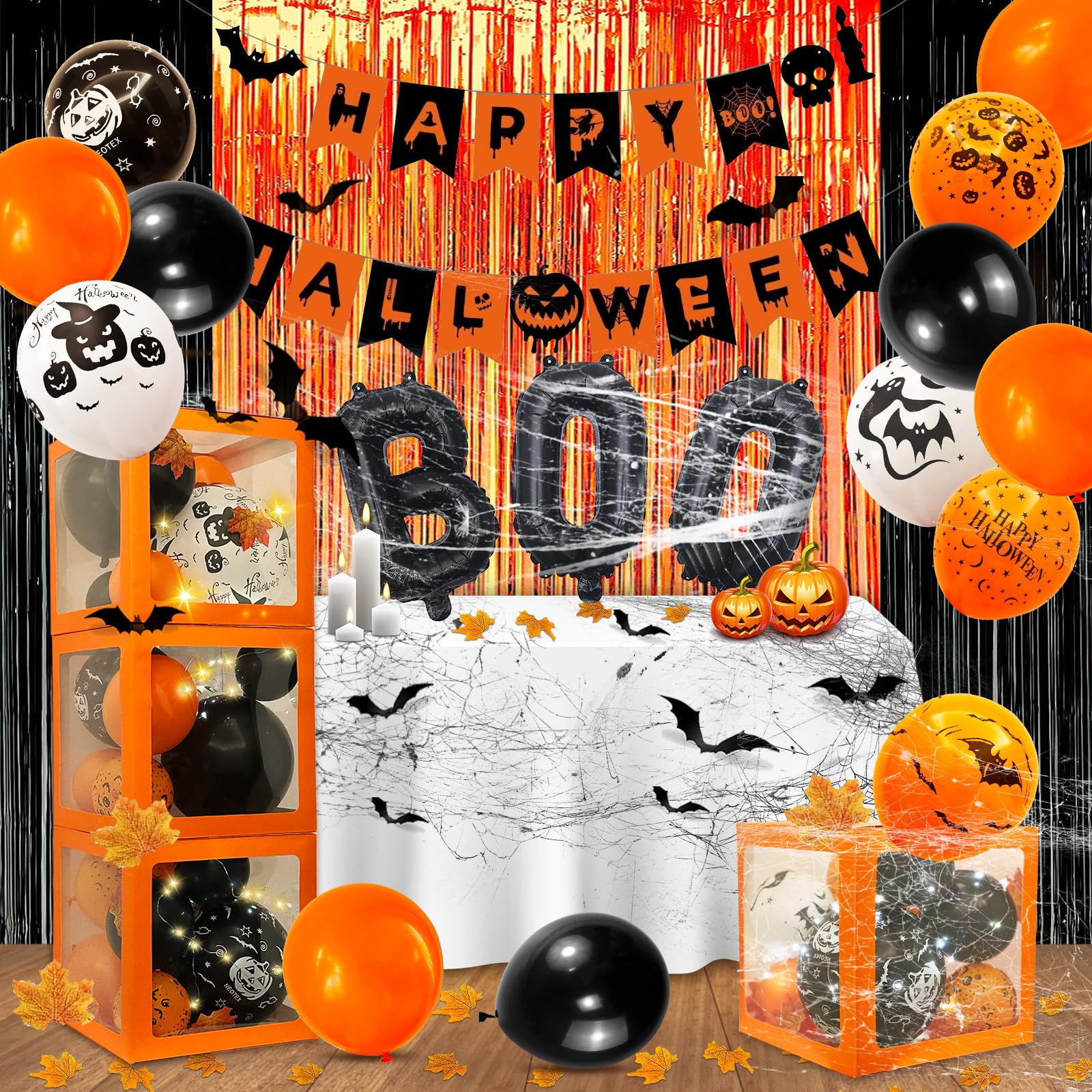 128 Pcs ​Halloween Party Decorations, Halloween Party Supplies - Halloween Balloon boxes, String Light, "HAPPY HALLOWEEN" Banner, "BOO" Banner, Multi Balloons, Bat Decor, Spider Wed