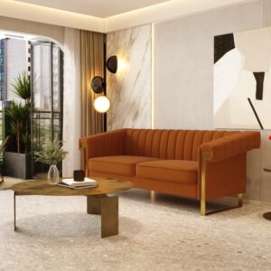 yunqishi JINGDIAN Mid-Century Modern Orange Velvet Sofa with Gold Metal Legs, 83.86" Luxury Chesterfield Comfy Orange Couches for Living Room (Velvet, Orange)