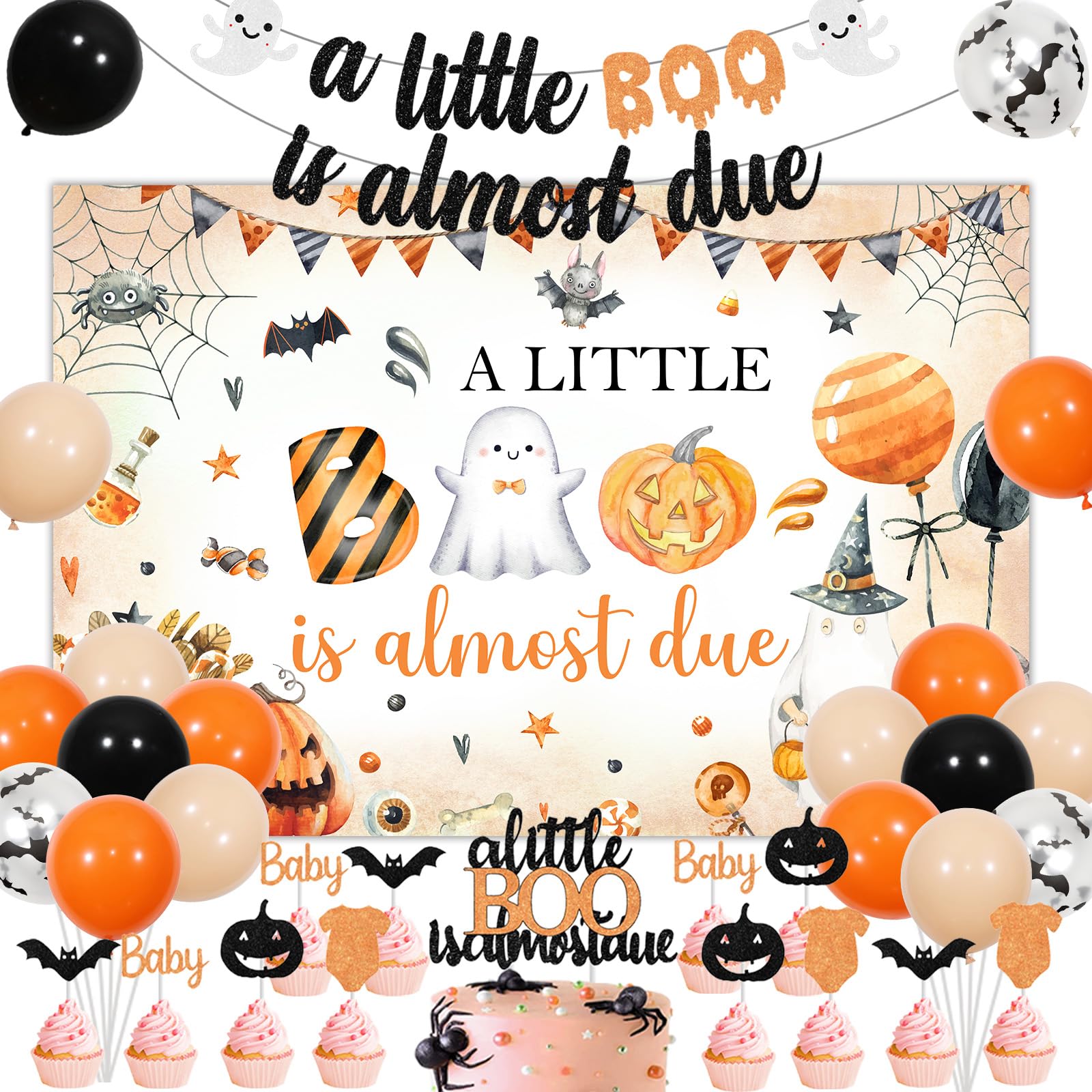 JOYMEMO Orange and Black Halloween Baby Shower Decorations, A Little Boo is Almost Due Backdrop, Banner, Cake Topper with Cupcake Toppers for Women Boy Girl He or She Gender Reveal Party Supplies