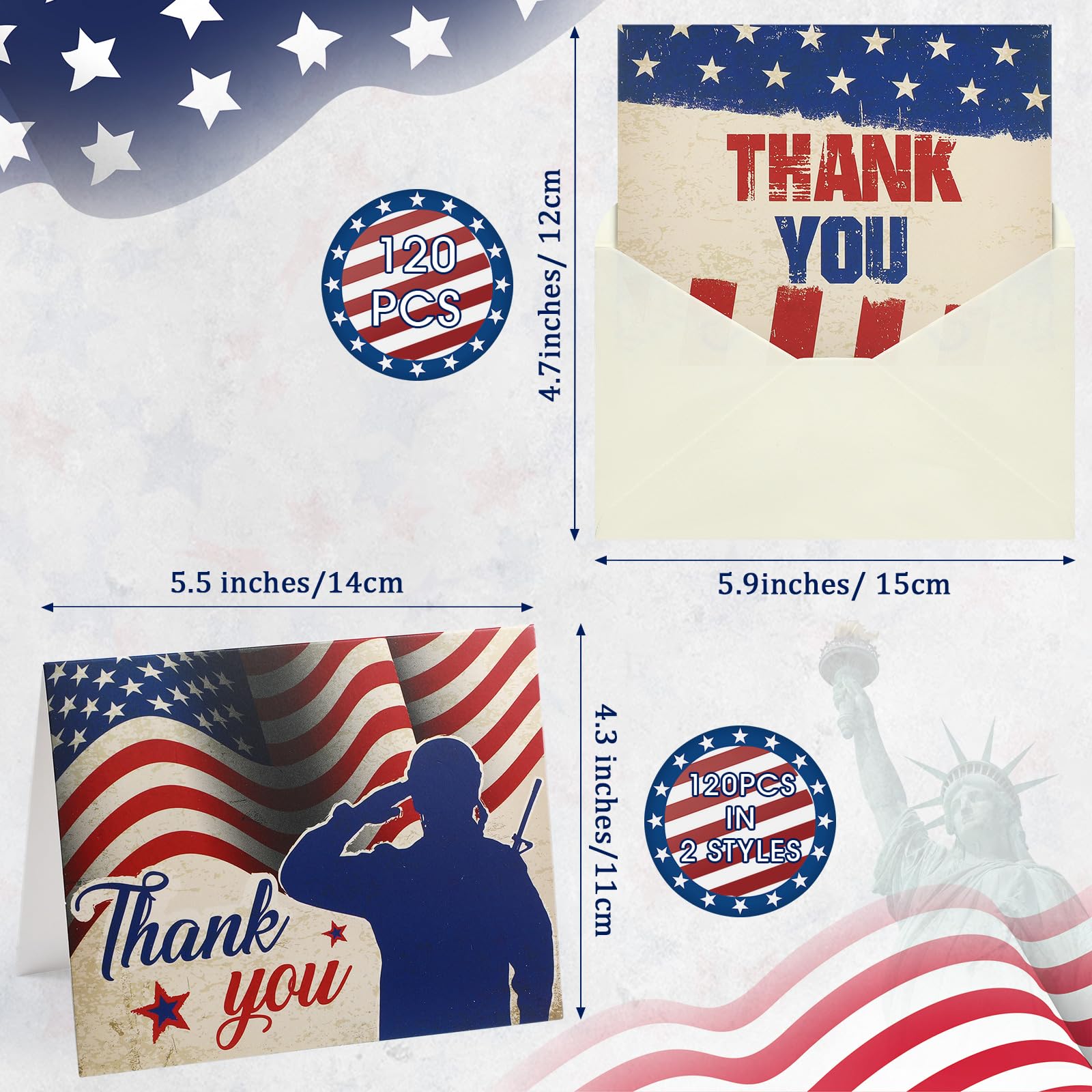 Pasimy 120 Sets Patriotic Thank You Cards with White Envelopes 2024 Upgrade 4th of July Cards American Flag Greeting Cards Bulk Note Cards for Veterans Memorial Independence Day Party Favor Gifts