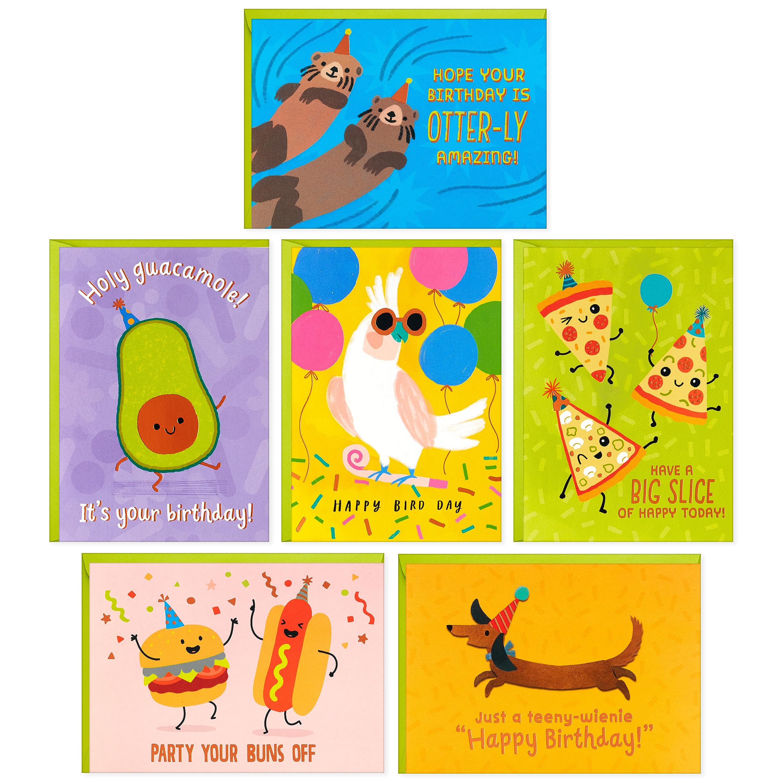 Hallmark Funny Birthday Card Assortment (24 Blank Cards with Envelopes) Food Puns, Dog, Bird, Otters