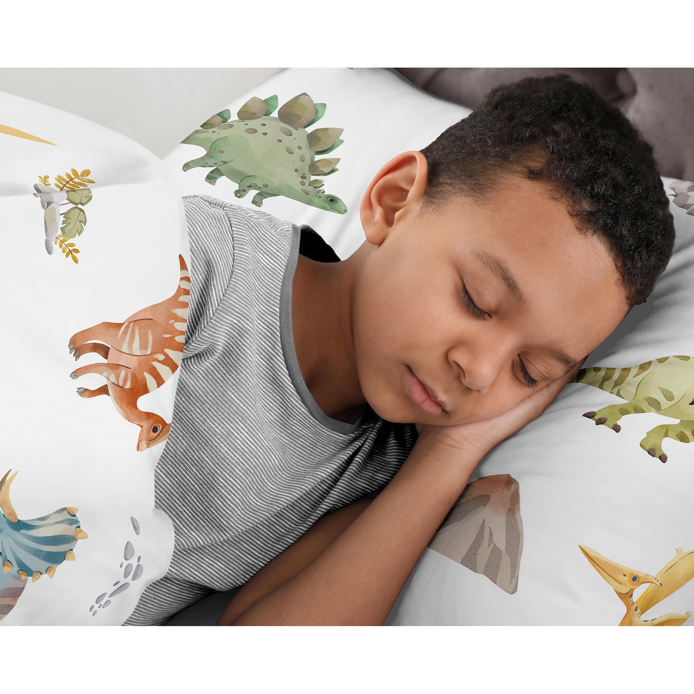 Sweet Jojo Designs Watercolor Dinosaur Dino Boy Queen Comforter Set Full Size Bedding Kids Teen Adult Bed Room 3p Green Slate Blue White Modern Dinosaurs Jurassic Nature Animal Steel Turquoise Yellow