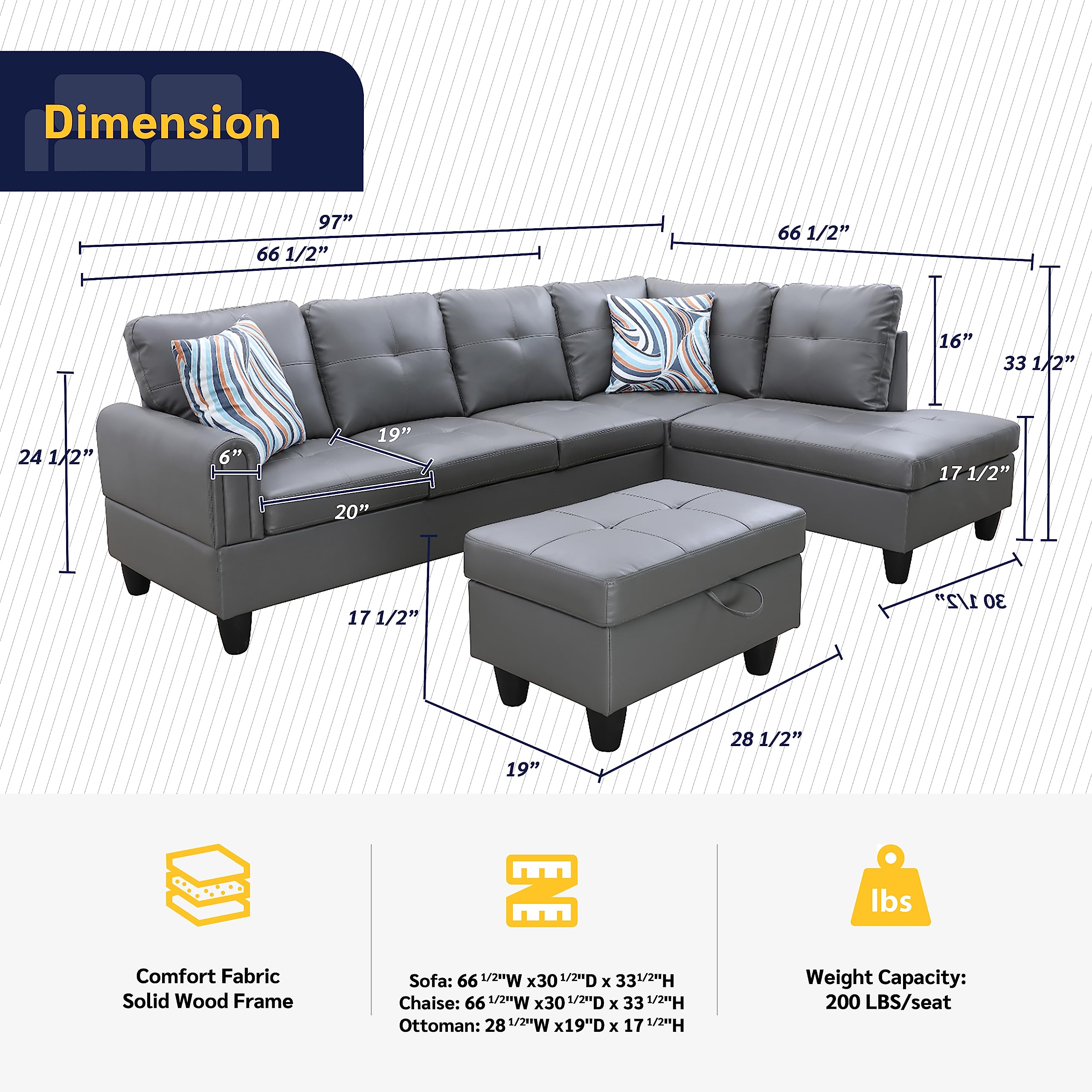 Star Home Living Corp. Bendigo 3 Piece Right Faciing Sectional Sofa with Ottoman, Grey