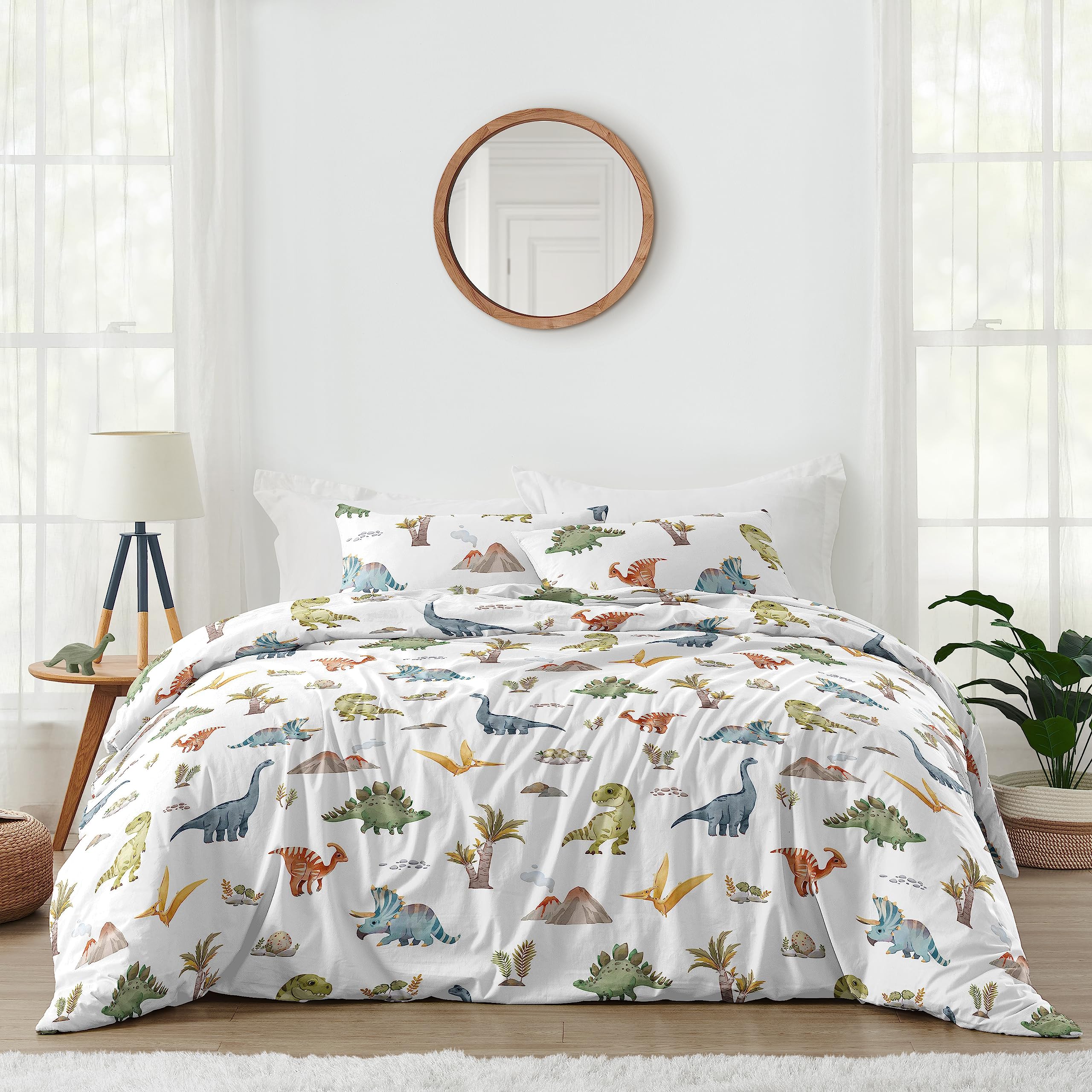 Sweet Jojo Designs Watercolor Dinosaur Dino Boy Queen Comforter Set Full Size Bedding Kids Teen Adult Bed Room 3p Green Slate Blue White Modern Dinosaurs Jurassic Nature Animal Steel Turquoise Yellow