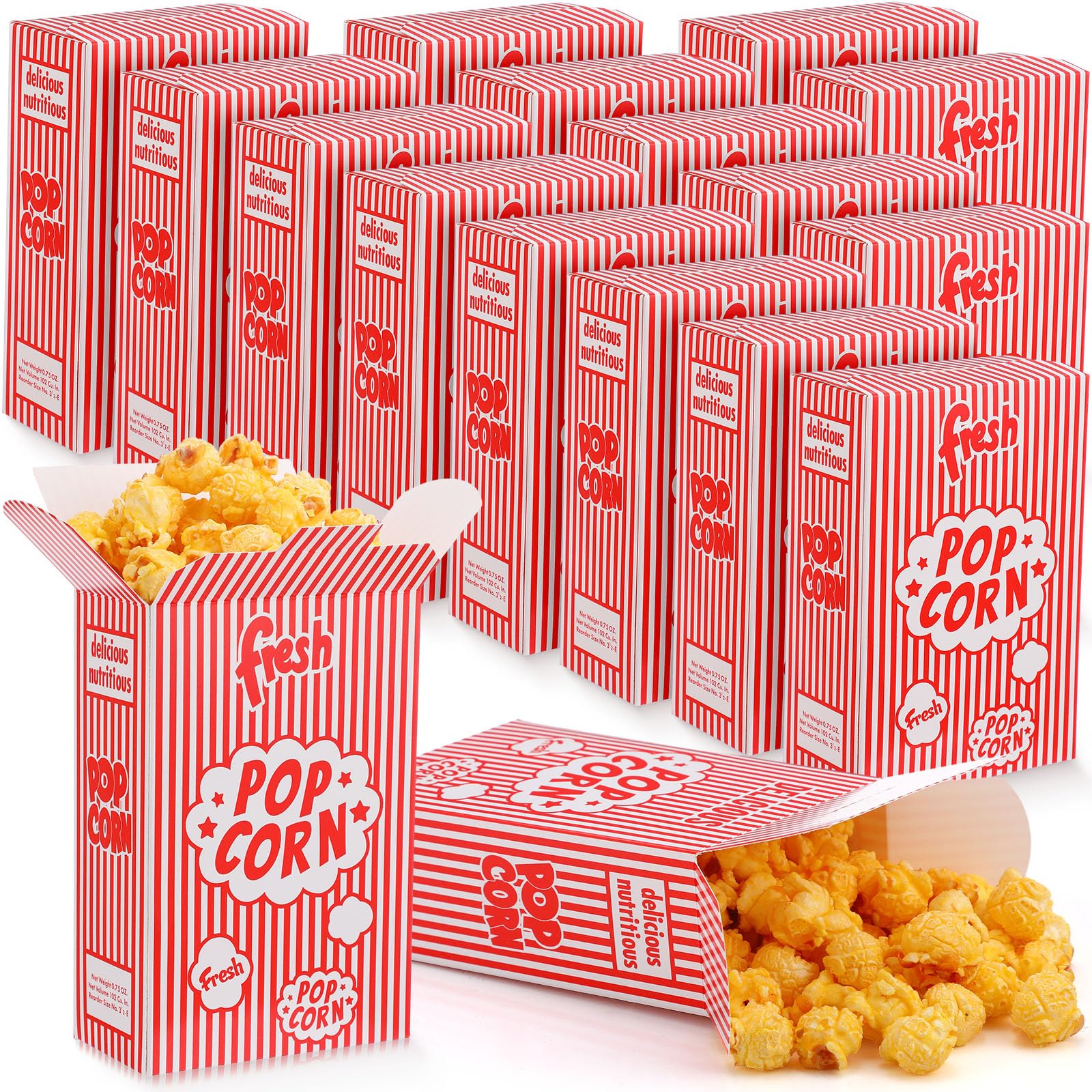 Ireer 200 Pcs 0.75 oz Popcorn Boxes, Close Top Popcorn Containers for Movie Party, Bulk Red and White Striped Paper Popcorn Boxes for Popcorn Machine Theater Night Party Carnival Circus Party Supply