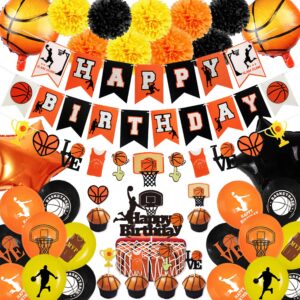 basketball party decorations, basketball party supplies basketball birthday banner cake toppers basketball foil balloons basketball birthday decorations for kids teenagers boys girls (basketball-01)