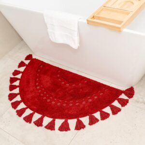 unique boho rug - half circle mat with crochet insert detail & tassels - 100% cotton boho bathroom rugs - decorative non-slip bohemian rug for bath & bedroom - cute boho decor - paprika red 42x22