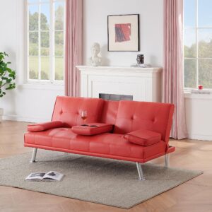 anwick modern leather futon sofa bed,convertible folding couch recliner sleeper loveseat for small space,apartment,office,dorm,with cup holders and removable armrest (red)