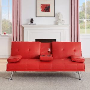 Anwick Modern Leather Futon Sofa Bed,Convertible Folding Couch Recliner Sleeper Loveseat for Small Space,Apartment,Office,Dorm,with Cup Holders and Removable Armrest (Red)